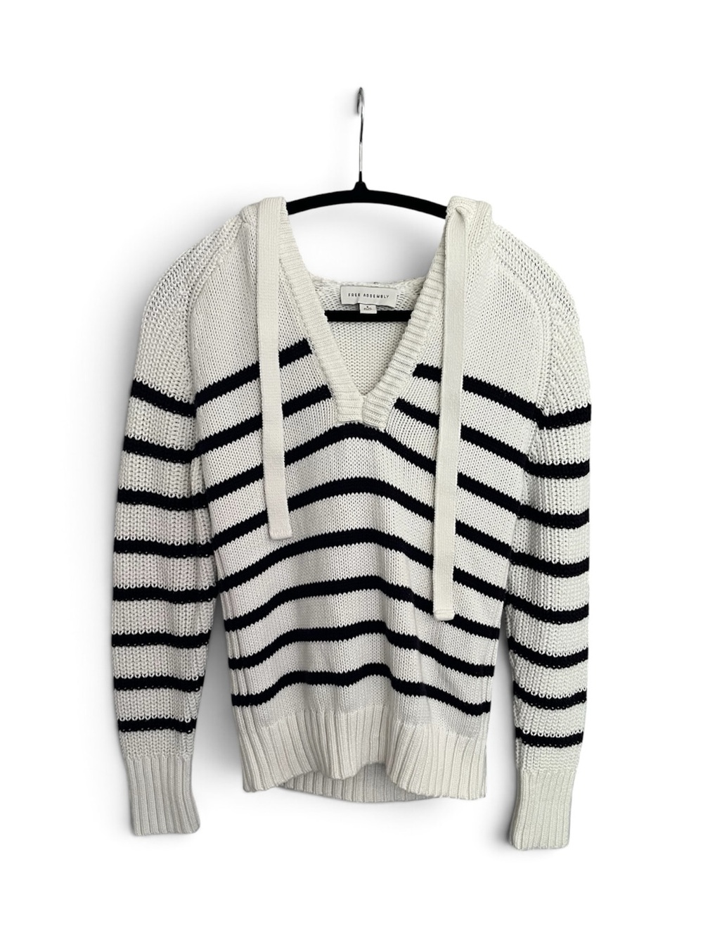 White & Black Striped V-Neck Sweater with Hooded Ties